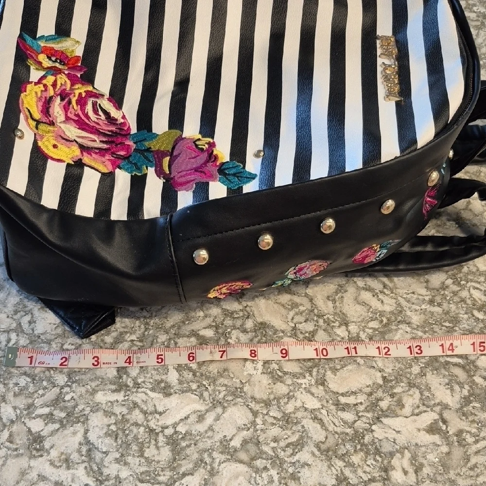 Betsey Johnson Black and White Embroidered Striped Backpack